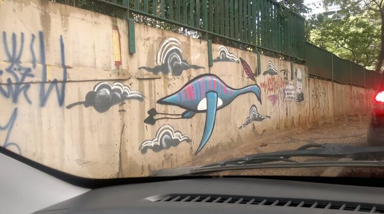 Fig. 3 – Muro de viaduto na esquina da rua da Consolação em São Paulo, foto tirada em 2013, pichação em meio à Arte. Foto de Rosângela Vig. Arte urbana.
