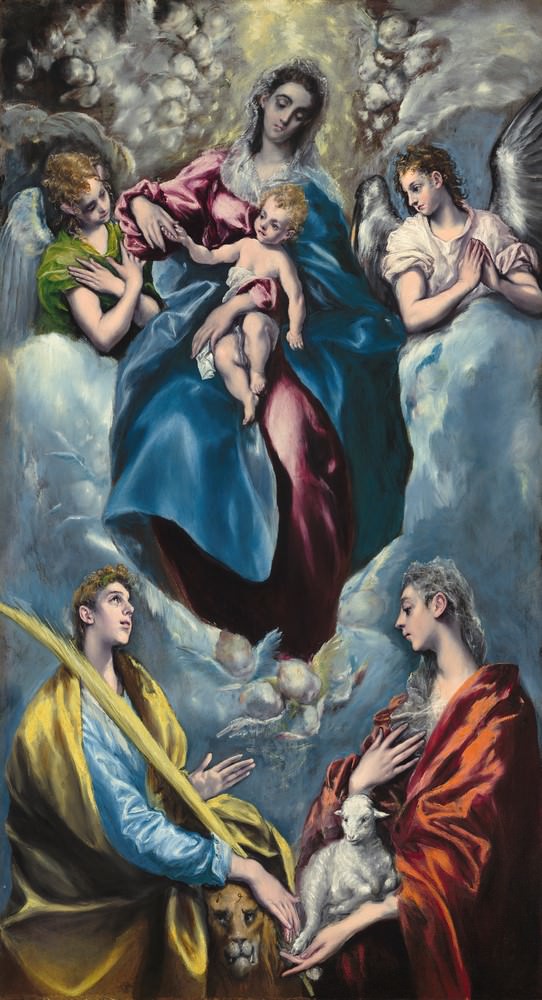 玛丽和孩子, 与圣玛蒂娜和圣阿格尼斯, 埃尔 · 格列柯, 1597-1599, 德纳集合.
