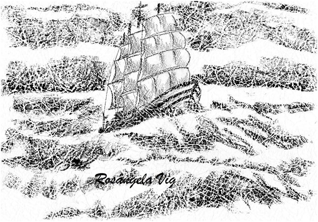 Fig. 9 – Navio em meio a tempestade, Pastel oleoso sobre papel craquelado, Rosângela Vig.