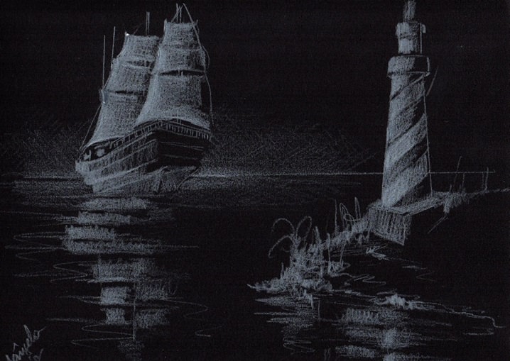 Fig. 3 – Barco à noite, com lápis de cor branco, Rosângela Vig.