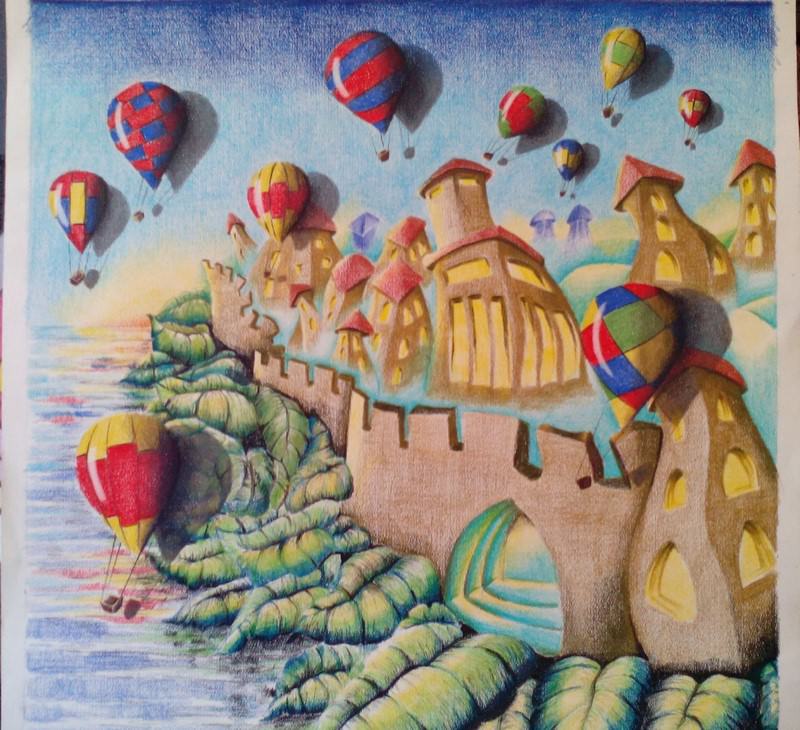 Fig. 5 – Balões sobre a Cidade Derretida, lápis de cor sobre papel, Rosângela Vig.