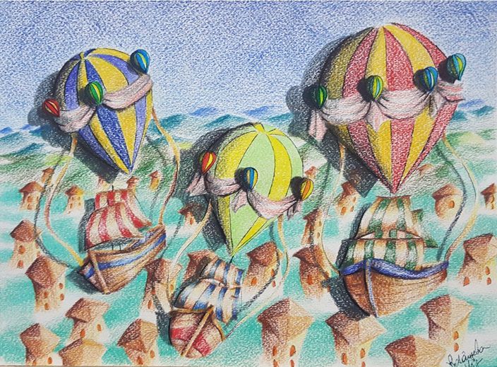Fico. 2 -Barche provenienti per la città immaginaria II, matita di colore su carta, Rosangela Vig.