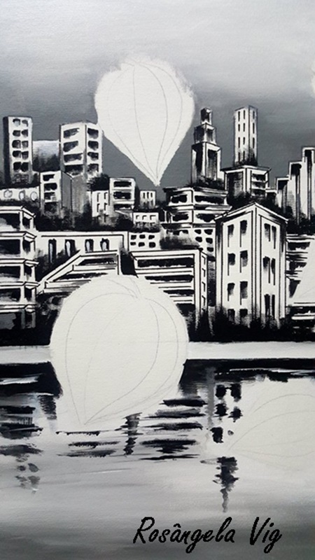 Fig. 2 – Perspectiva e sombras, Barcos chegando sobre a Cidade, Acrílico sobre tela, Rosângela Vig.