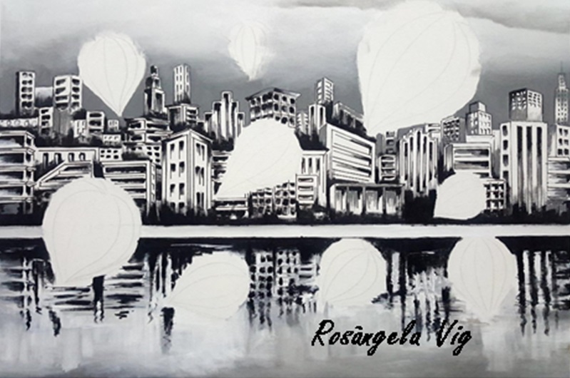 Fig. 3 – Reflexo da cidade na água, Barcos chegando sobre a Cidade, Acrílico sobre tela, Rosângela Vig.