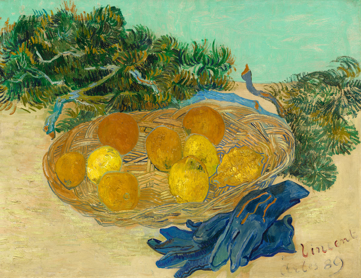 Feige. 14 -Stillleben von Orangen und Zitronen mit blauen Handschuhen, Vincent Van Gogh, 1889. National Gallery of Art, Washington. Herr Sammlung. und Frau. Paul Mellon.