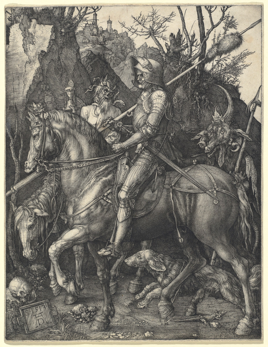Fig. 1 – Knight, Death and Devil, 1513. Albrecht Düher. National Gallery of Art, Washington. Rosenwald Coleção. “Mais claramente falando, o crânio, parece-me, expressa a morte, o fim que se expõe no caminho que o homem percorre”. – Juliana Vannucchi.