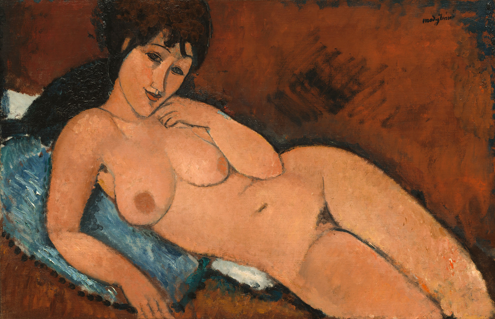 Fig. 9 - Desnudo en el amortiguador azul, Amedeo Modigliani, 1917, El aceite de linaza en, 65.4 x 100.9 cm. National Gallery of Art, Washington. Colección de Chester Dale.