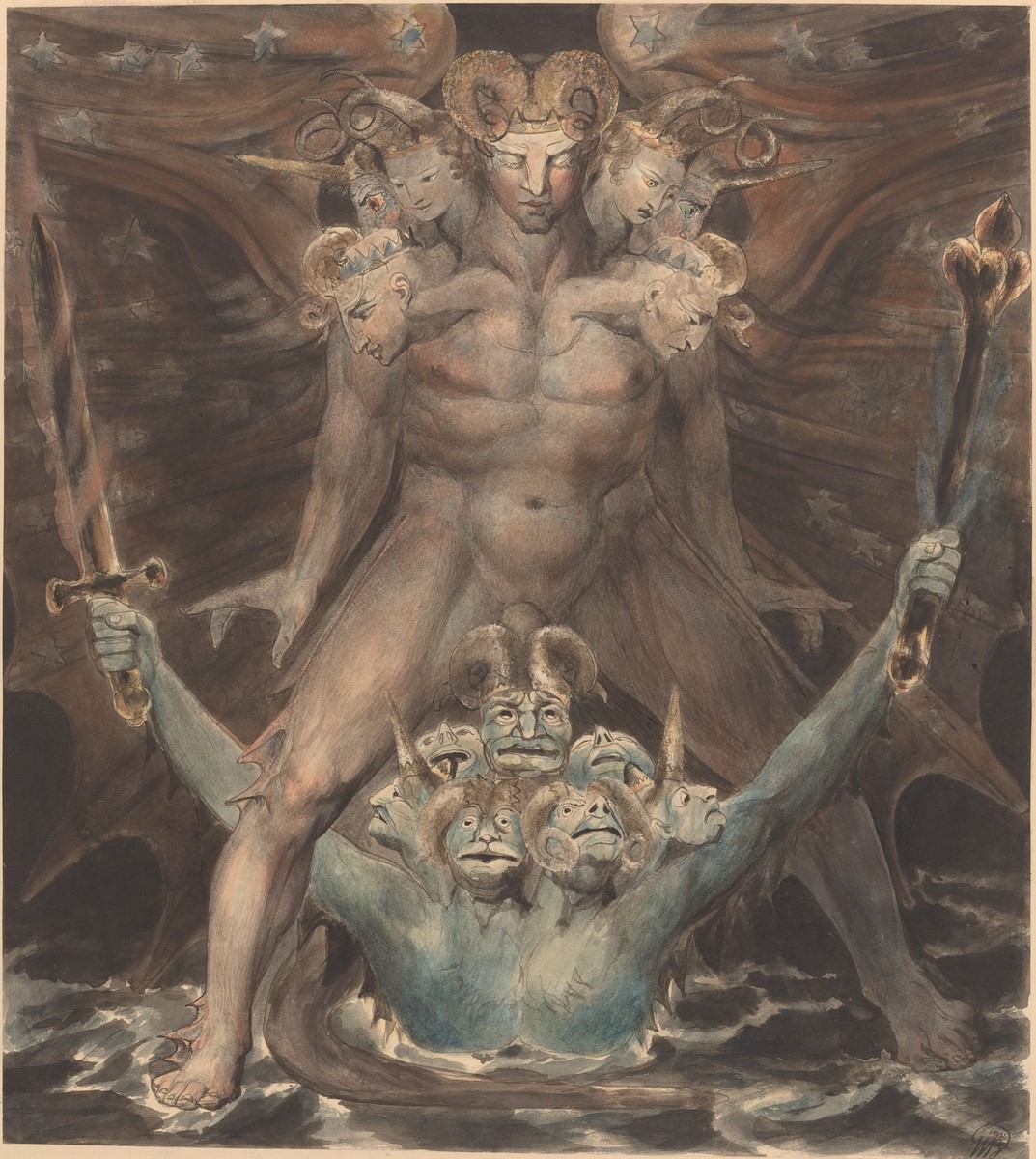 הדרקון האדום הגדול והחיה מהים, 1805. ויליאם בלייק. הגלרייה הלאומית לאומנות, וושינגטון. אוסף רוזנוולד.