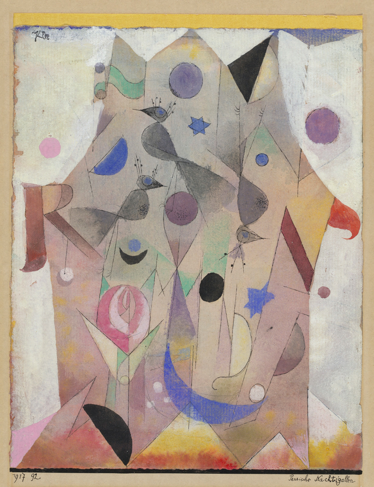 Fig. 9 – Paul Klee, Persian Nightingales, 1917, Gouache, watercolor, and pen and black ink over graphite on laid paper, mounted on cardboard; the sheet bordered at the top with yellow paper strip mounted to support, overall: 22.8 x 18.1 cm (9 x 7 1/8 in.). National Gallery of Art, Washington. Gift of Catherine Gamble Curran and Family, in Honor of the 50th Anniversary of the National Gallery of Art .