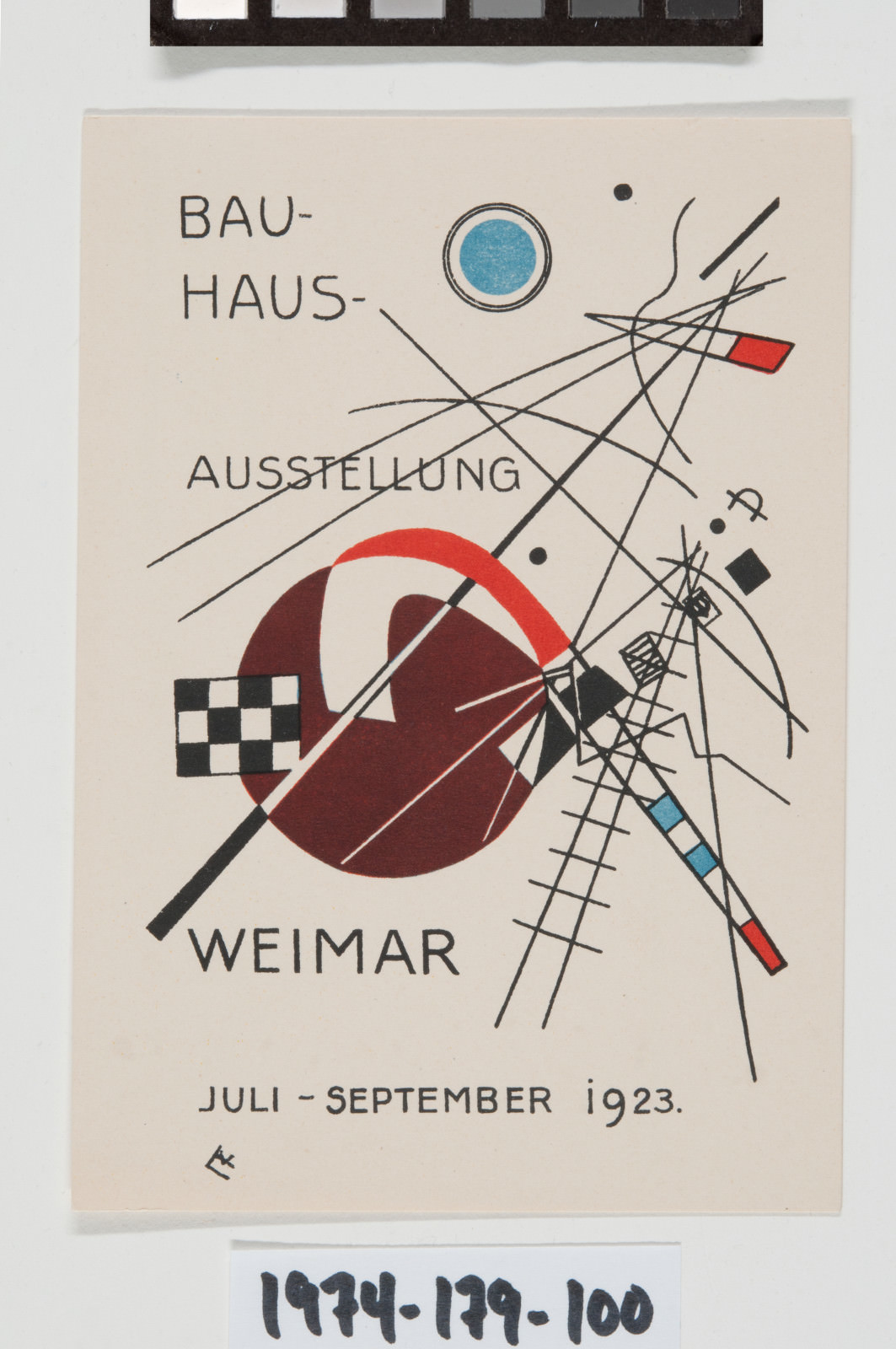 Fico. 6 - Vasily Kandinsky, numero di post 3, Esposizione al Bauhaus, Weimar, Luglio-settembre 1923, litografia a colori, Immagine: 5 3/8 x 3 3/4 polegadas (13.7 x 9.5 cm) foglio: 5 15/16 x 4 1/4pollicis (15.1 xx10.8cmm). Philadelphia Museum of Art, Presente Carl Zigrosser, 1974-179-100.