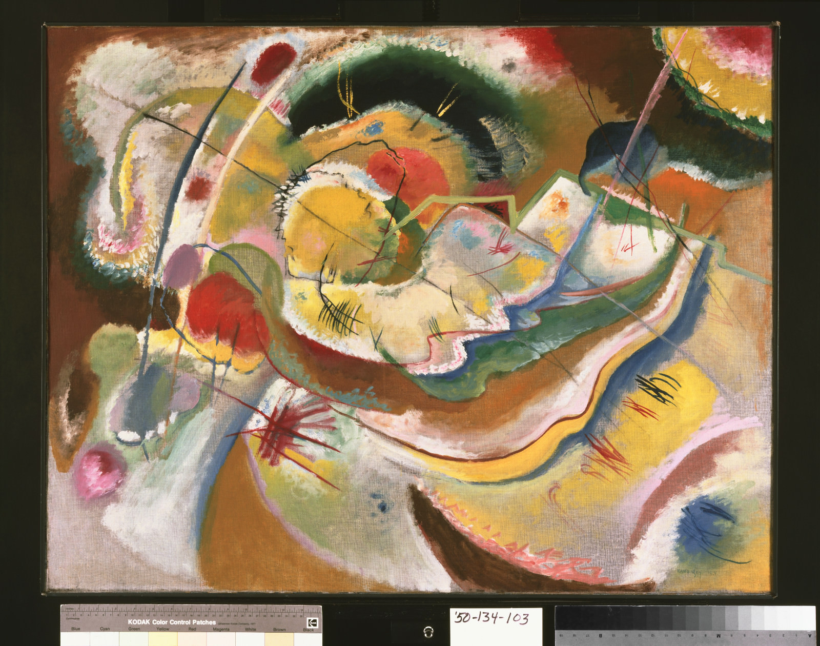 Fig. 4 – Vasily Kandinsky, Pequena Pintura com Amarelo (Improvisação), 1914, óleo sobre tela, 31 x 39 5/8 polegadas (78.7 x 100.6 cm) Emoldurado: 32 3/4 x 41 1/2 x 2 1/2 polegadas (83.2 x 105.4 x 6.4 cm). Philadelphia Museum of Art, The Louise and Walter Arensberg Collection, 1950-134-103.