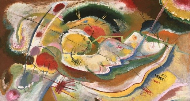 Fig. 4 - Vasily Kandinsky, Pequeña pintura con amarillo (improvisación), 1914, óleo sobre lienzo, 31 x 39 5/8 polegadas (78.7 x 100.6 cm) enmarcado: 32 3/4 x 41 1/2 x 2 1/2 ppulgadas(83.2 x 105.4 x x.4 ccm, destacados. Philadelphia Museum of Art, El Louise y Walter Arensberg Colección, 1950-134-103.
