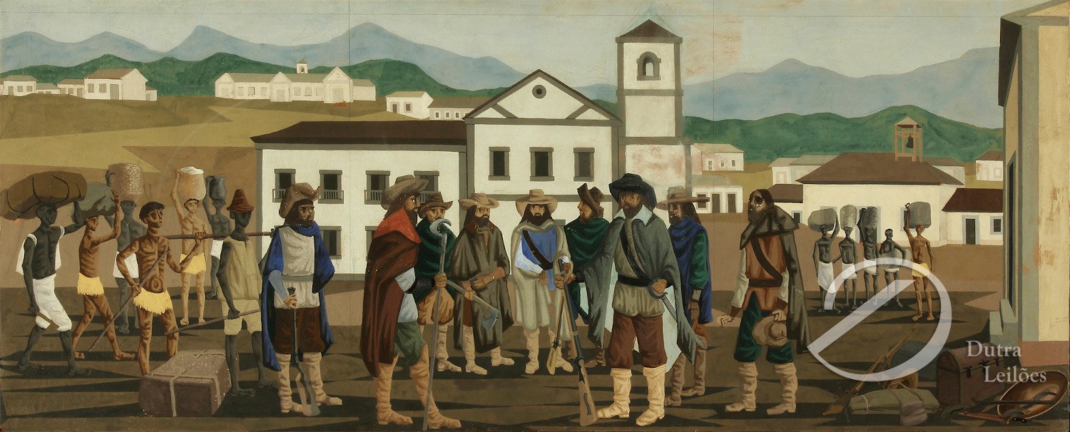 Clóvis Graciano, Partida dos Bandeirantes, óleo sobre placa 52x130 cm, lote 61 - Dutra Leilões. Foto: Divulgação.