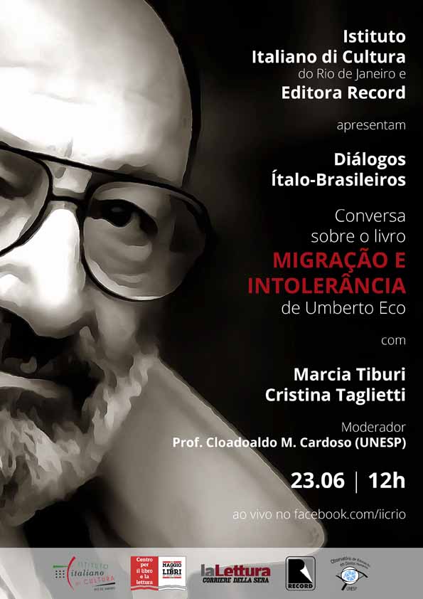 Σειρά διαλόγων Ιταλίας-Βραζιλίας - Συζήτηση για το βιβλίο «Μετανάστευση και μισαλλοδοξία», από την Umberto Eco, αφίσα.