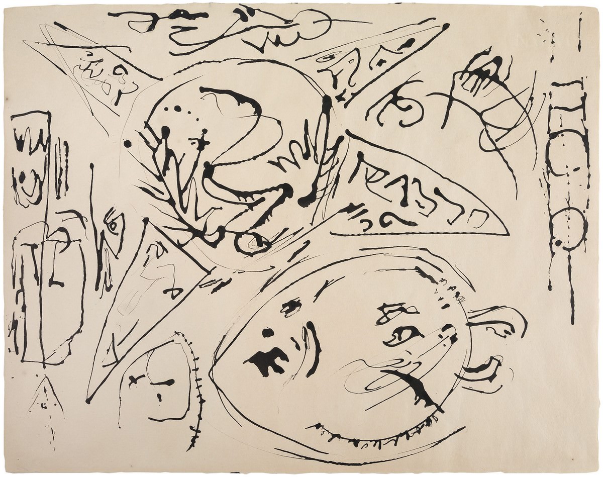 无花果. 4 -无标题, Ç. 1952-1956, Jackson 波洛克, 纸本墨水, 17 1/2 x 22 1/4 英寸, 44,5 x 5x,5 厘米. 由Michael Rosenfeld Gallery LLC提供, 纽约新星, 纽约, 美国.