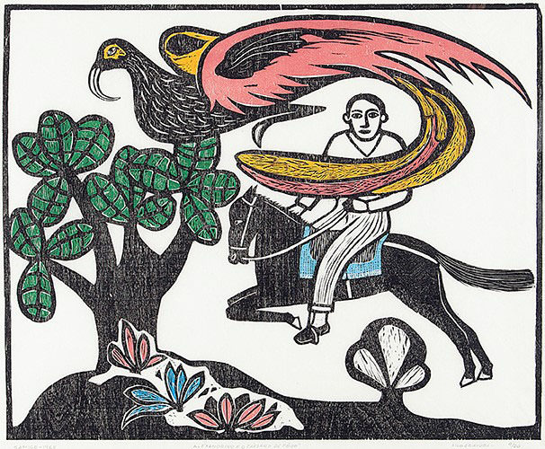 Auteur: Gilvan SAMICO, Titre: Alexandrine et l'oiseau de feu, Année: 1962, Technique: gravure sur bois sur papier de riz, Dimensões: 42,7 x 51,7 cm. Photos: Divulgation.