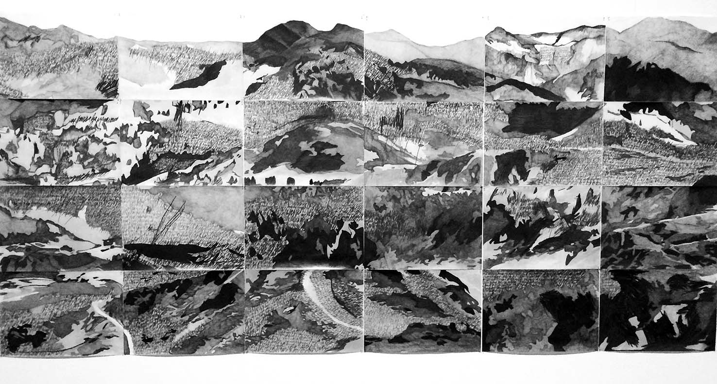 Verfasser: Lucas Lander. Titel: Serie „Beschreibende Landschaften“. Jahr: 1014. Technik: Bleistift, Tinte und Versiegelung. Abmessungen: 120 x 250 cm. Fotos: Bekanntgabe.