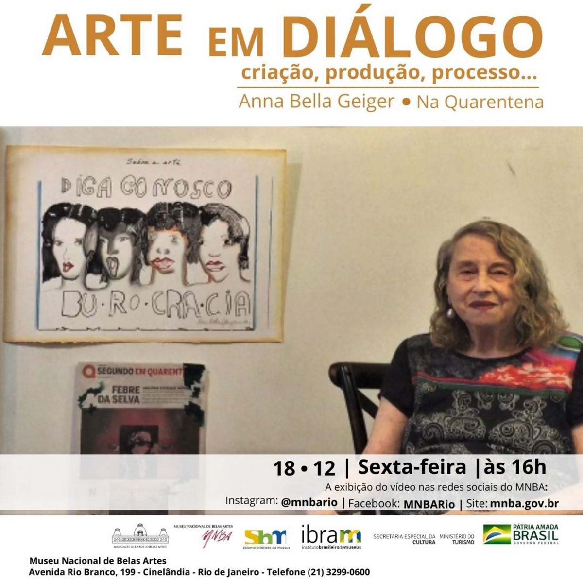Proyecto Arte en Diálogo, en cuarentena, com Annabella Geiger, en el MNBA, Flyer. Divulgación.