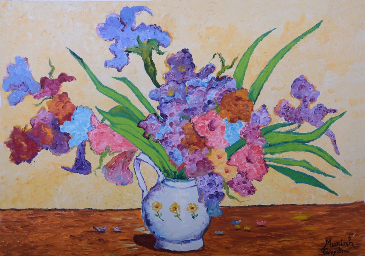 Mariah Campolina. Titolo: Rilezione del vaso di fiori di Van Gogh. Tecnica: OST. Dimensioni: 50 x 70 cm.