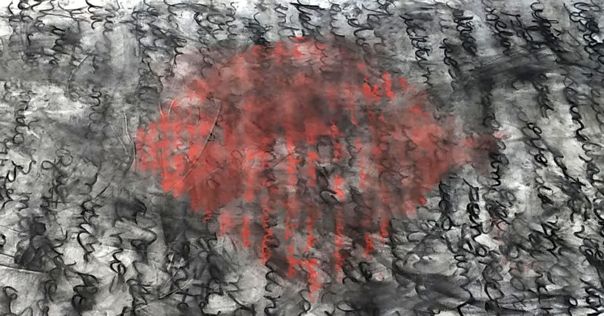 Artista: Cristina Elias. Título: Releitura. Ano: 2020. Técnica: carvão e pastel sobre tela. Dimensões: 170cm X 300cm.