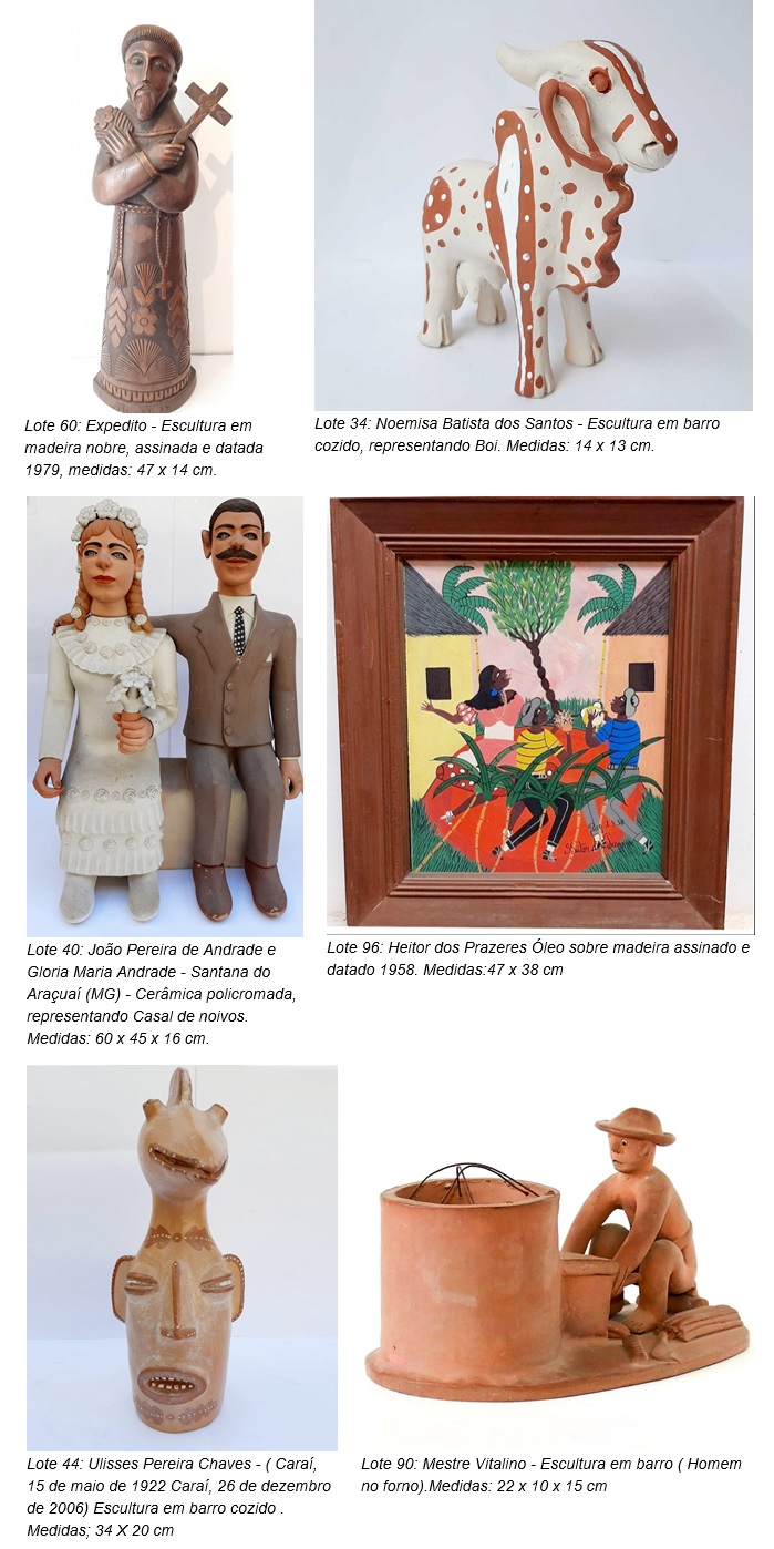 Flávia Cardoso Soares Leilões: 2º Leilão Mestres da Arte Popular Brasileira – Esculturas e Quadros, destaques. Divulgação.