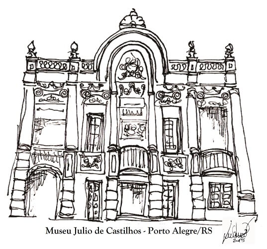 Reprodução em bico de pena, da fachada do Museu Júlio de Castilhos por Luciana Pinto. Foto: Divulgação.
