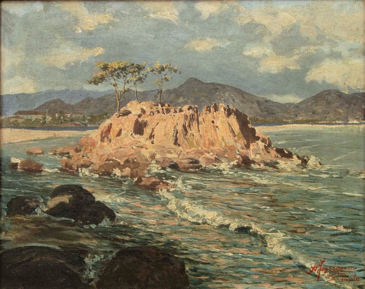 Autor: Antonio Ferrigno. Título: Pedra do Mato (São Vicente). Ano: 1905. Técnica: óleo s/ tela. Dimensões: 29 x 36 cm. Foto: Divulgação.