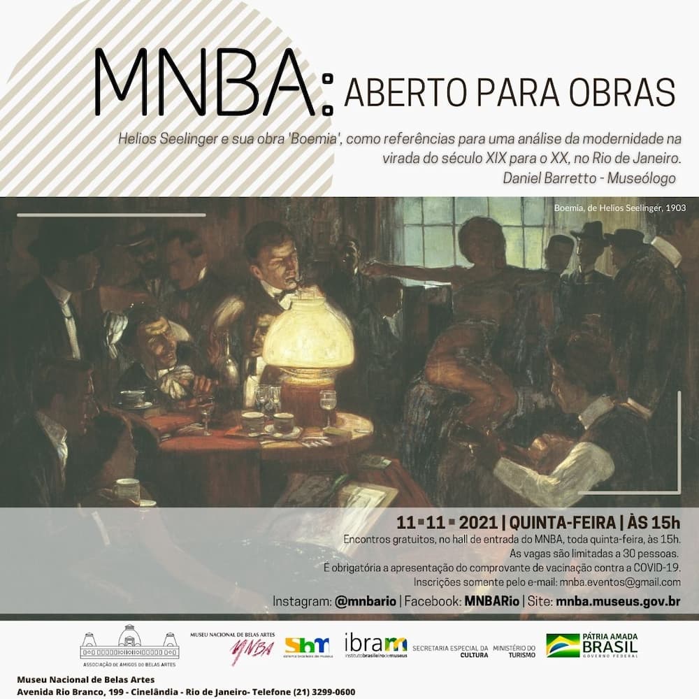 Proyecto "MNBA: Abierto por obras ", el artista Helios Seelinger con una presentación en persona del museólogo Daniel Barretto, Flyer. Divulgación.