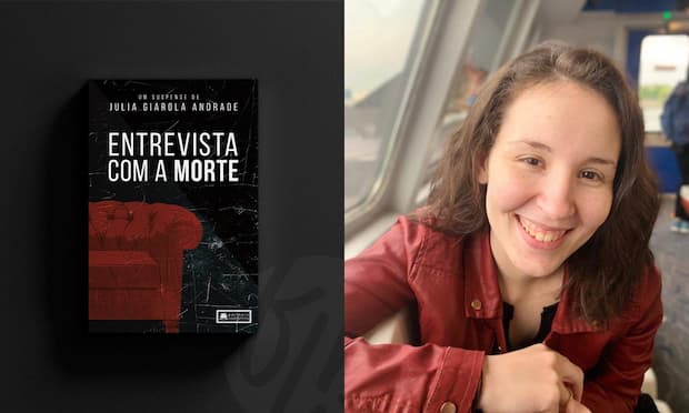 Julia Giarola e seu livro "Entrevista com a Morte". Foto: Rivelazione.