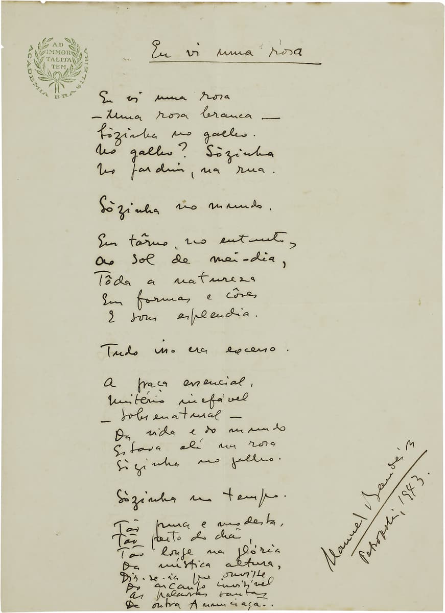 Manuscrito do poema “Eu vi uma rosa”, de Manuel Bandeira. Foto: Divulgação.