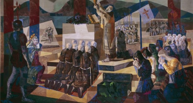 Fig 1 - A obra A Primeira Missa no Brasil, painel com dimensões de 271cm X 501cm, confeccionado em têmpera sobre tela, é de 1948.
