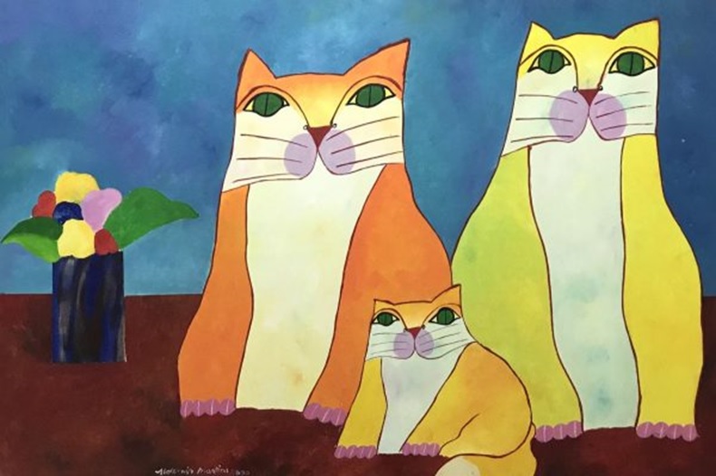 Fico. 2 - Aldemir Martins, Famiglia di gatti gialli con fiori, AST, 80 x 120, 2000.