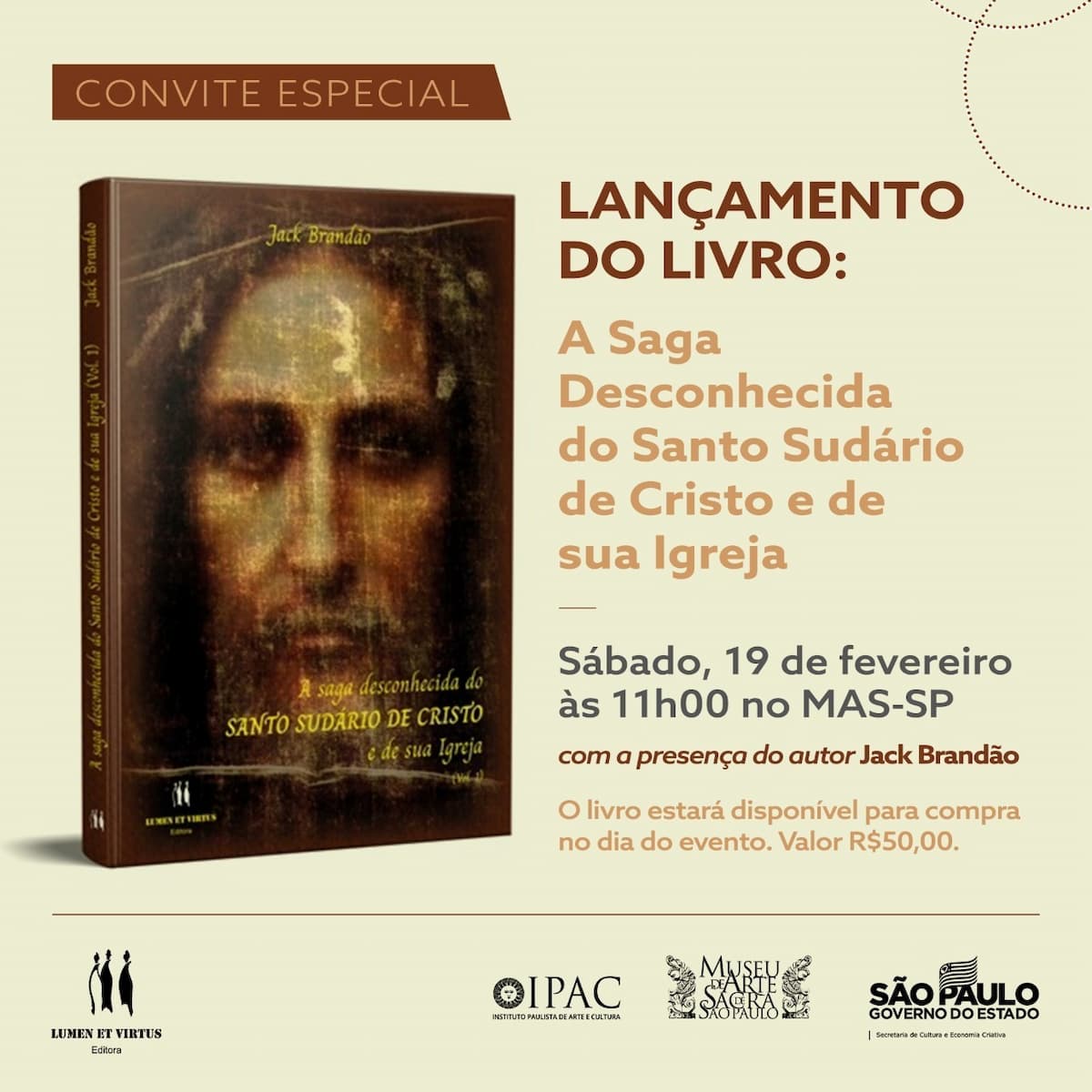 Livro "A saga desconhecida do SUDÁRIO DE CRISTO e de sua Igreja", libro - copertura, invito. Rivelazione.