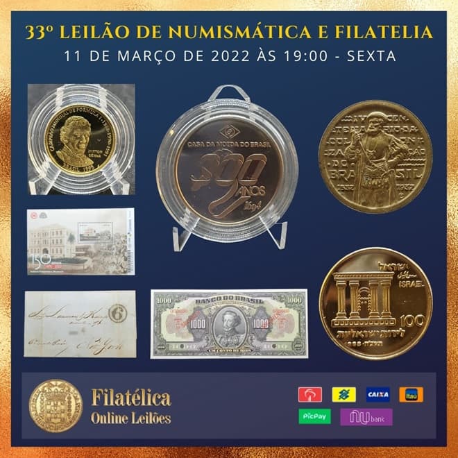 Flávia Cardoso Soares Auctions: 33º Vente aux enchères numismatique et philatélique - Enchères philatéliques en ligne. Divulgation.