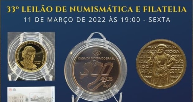Flávia Cardoso Soares Auctions: 33º Vente aux enchères numismatique et philatélique - Enchères philatéliques en ligne, en vedette. Divulgation.