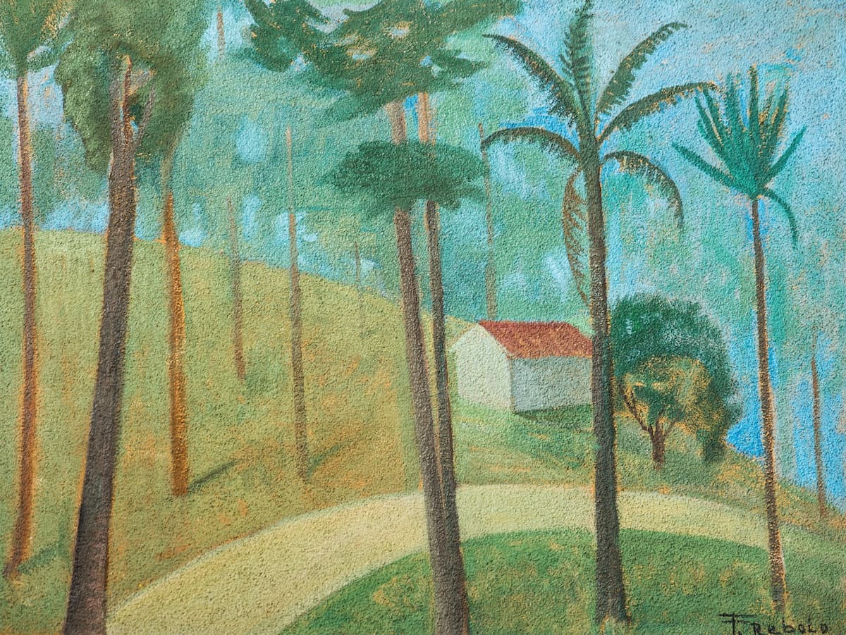 فرانسيسكو ريبولو - الشجرة والمنازل, 1976 - زيت على قماش - 46 x 61 سم. صور: جاليريا مارسيلو غوارنييري.