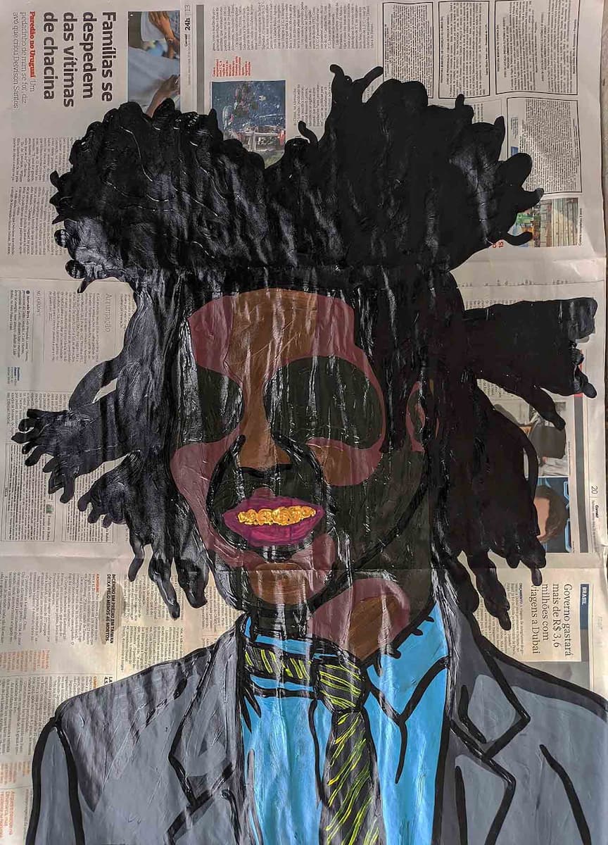 Συγγραφέας: Guilherme Almeida. Τίτλος: Basquiat. Έτος: 2021. Η τεχνική: ακρυλικό χρώμα στην εφημερίδα. Διαστάσεις: 84 x 59 cm.