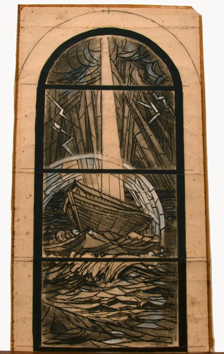 أنطونيو Gomide - "Estudo para vitral Barco em mar revolto", carvão aguada de nanquim e guache branco sobre papel. صور: الكشف.