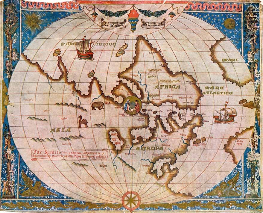 Disk Type of Universal Map, Jerome Marini, 1512. Mapoteca Collection of the Ministry of Foreign Affairs. Produced by Jeronimo Marini, is the first map on which the name “Brazil” appears to designate Portuguese lands in the Americas. It is oriented towards the south and has Jerusalem, with the nativity scene, in the center of the world. North America is identified as New India. The information that Columbus had not arrived in the Indies took a few decades to consolidate.. The map was made in Venice and acquired by Minister Lauro Müller, in 1912, at an auction in Rome.