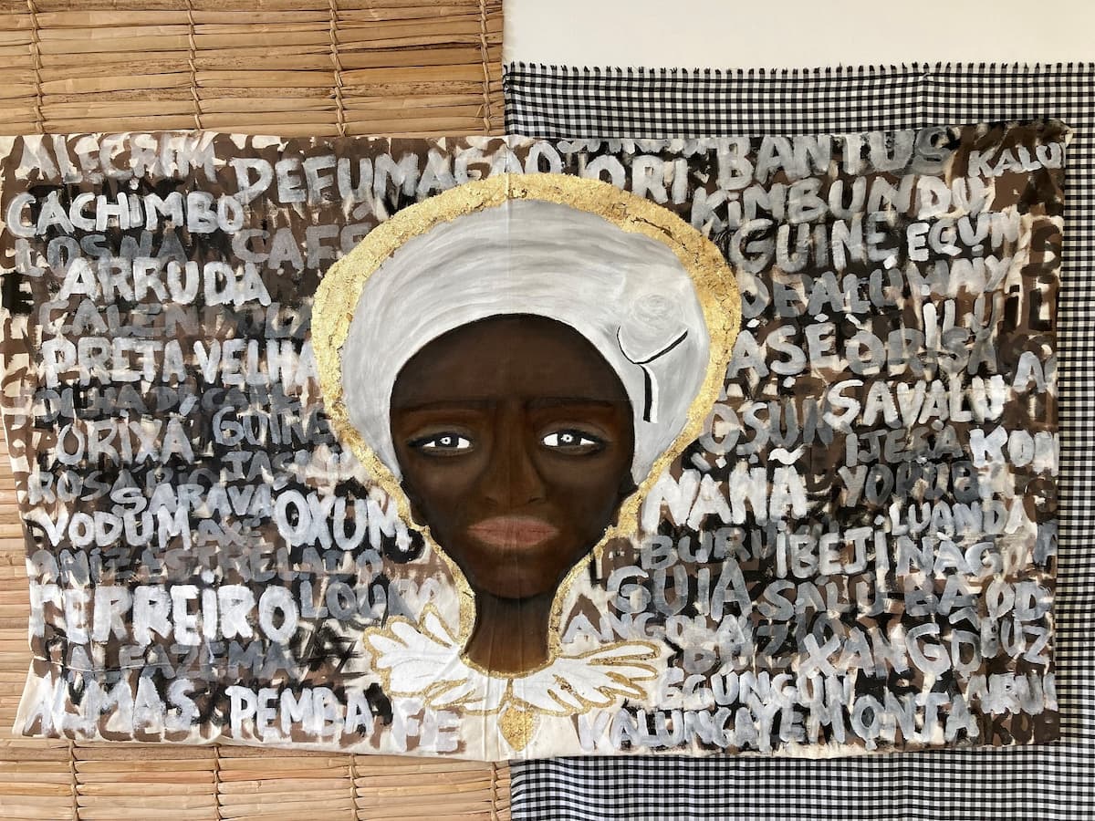 “Maria Conga - Luisa Mahín”, 2021, pintura, 140cm x 86 cm. trabajo en luanda, que integra la exposición. Fotos: Luanda.