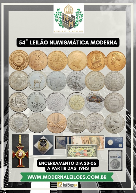 Flávia Cardoso Soares Leilões: 54º Leilão Numismática Moderna - 28-06 às 19h00. Divulgação.