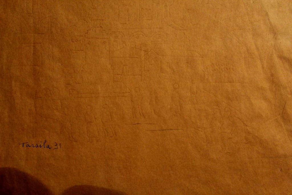 Tarsila σερβίρει Amaral, Σπίτια στο τοπίο, κραγιόνι σε χαρτί. Αποκάλυψη: Γραφείο τέχνης VM.