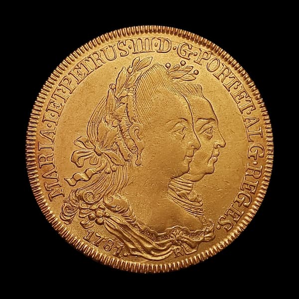 64º מכירה פומבית של נומיסמטיקה מודרנית - מכרז מגה, אצווה 1: מטבע ברזילאי - 6.400 reis - 1781 R - נהר - D. מריה ופדרו - זהב (.917) - 14.3 gr - קלן - חתול. AI O463. תמונות: גילוי.