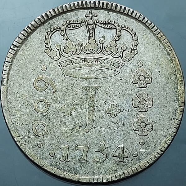 64º מכירה פומבית של נומיסמטיקה מודרנית - מכרז מגה, אצווה 7: מטבע ברזילאי - 600 reis - 1754 R - נהר - סדרת ג'וטה - דבר - קלן - חתול. AI P273. תמונות: גילוי.