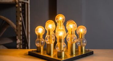 Menge 112: Sonntag - Lüster / Leuchte aus goldenem Metall mit neun Lichtpunkten und Kuppeln aus durchscheinendem Formglas, Featured. Auktionsdesign / Flávia Cardoso Soares Auktionen. Fotos: Bekanntgabe.