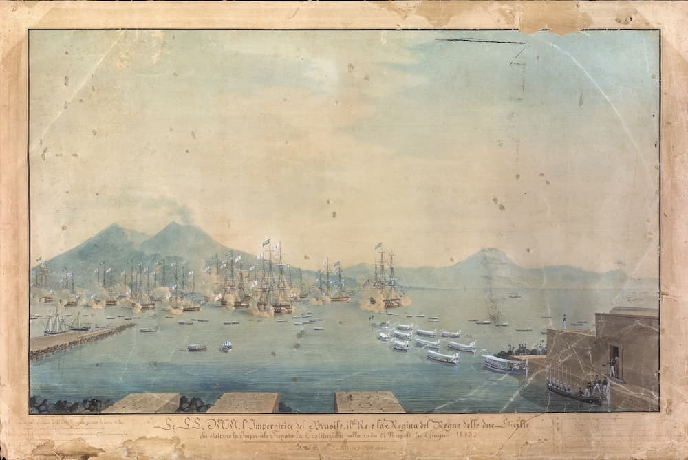 trip to Brazil. Teresa Cristina: FBN_01, Anna, M. d', Le LL. MM. the Empress of Brazil, the King and Queen of the Kingdom of the Two Sicilies visiting the Imperial Frigate the "Constitution" in the harbor of Naples in June, 1843, 1844, colorful watercolor, 54,2 x 81.3 cm, National Library – Brazil.