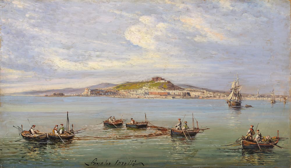 Nápoles: MSM 13, Gonsalvo Carelli, Naples seen from the sea, 21st century. XIX, Oil on canvas, 42 x 56 cm, Certosa and Museum of SaNápoleso (Nápoles, Italy).