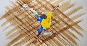 来自卡塔尔的艺术家用咖啡和水彩描绘了理查利森的进球. 照片: 泄露.
