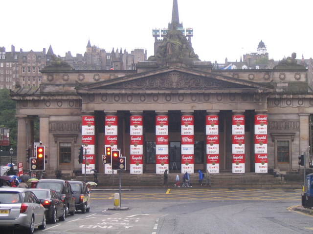 Fig. 4 – Entrance to the Royal Scottish Academy decorated in honor of the 20th anniversary of the death of Andy Warhol. Photo: M J Richardson / Andy Warhol.
